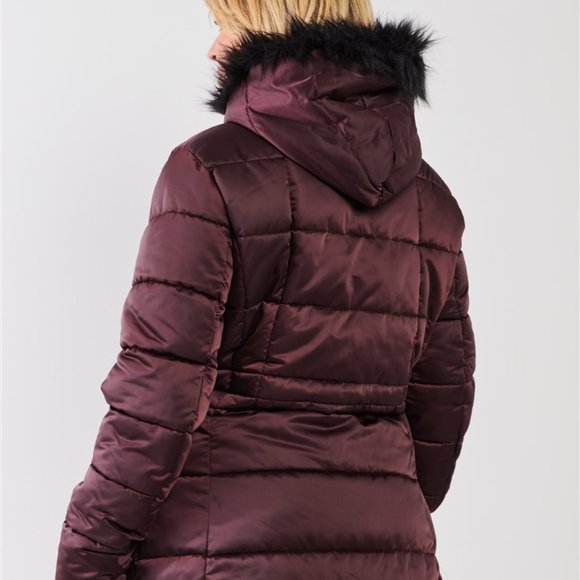 Wine Glossy Long Fitted Vegan Fur Hood Detail Wint - Picture 4 of 7